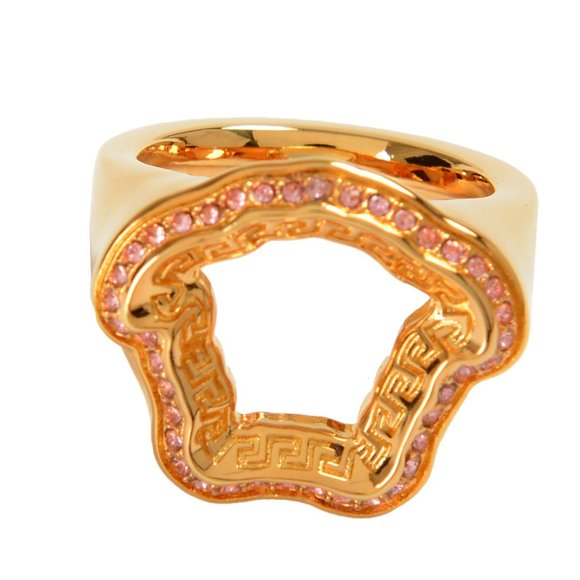Versace Gold Color Metal Embellished Medusa Head Ring Sz 17